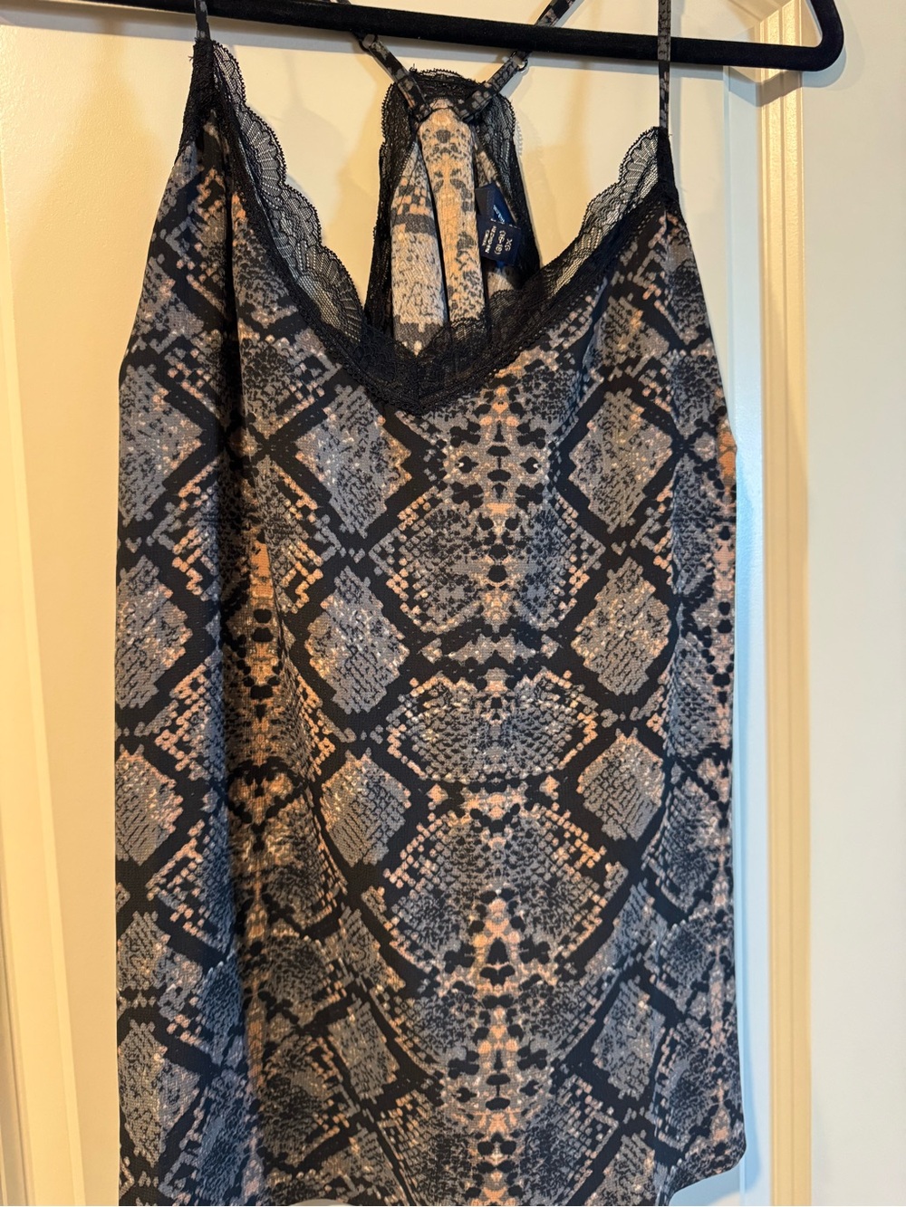 Sleeveless Lace-Trim Tank Top in Black and Taupe Snake Print